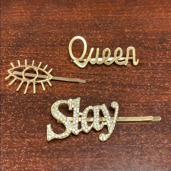 Gold Tone 3pc Set : Queen, Slay & Eye Bobby Pins - Picture 2 of 3